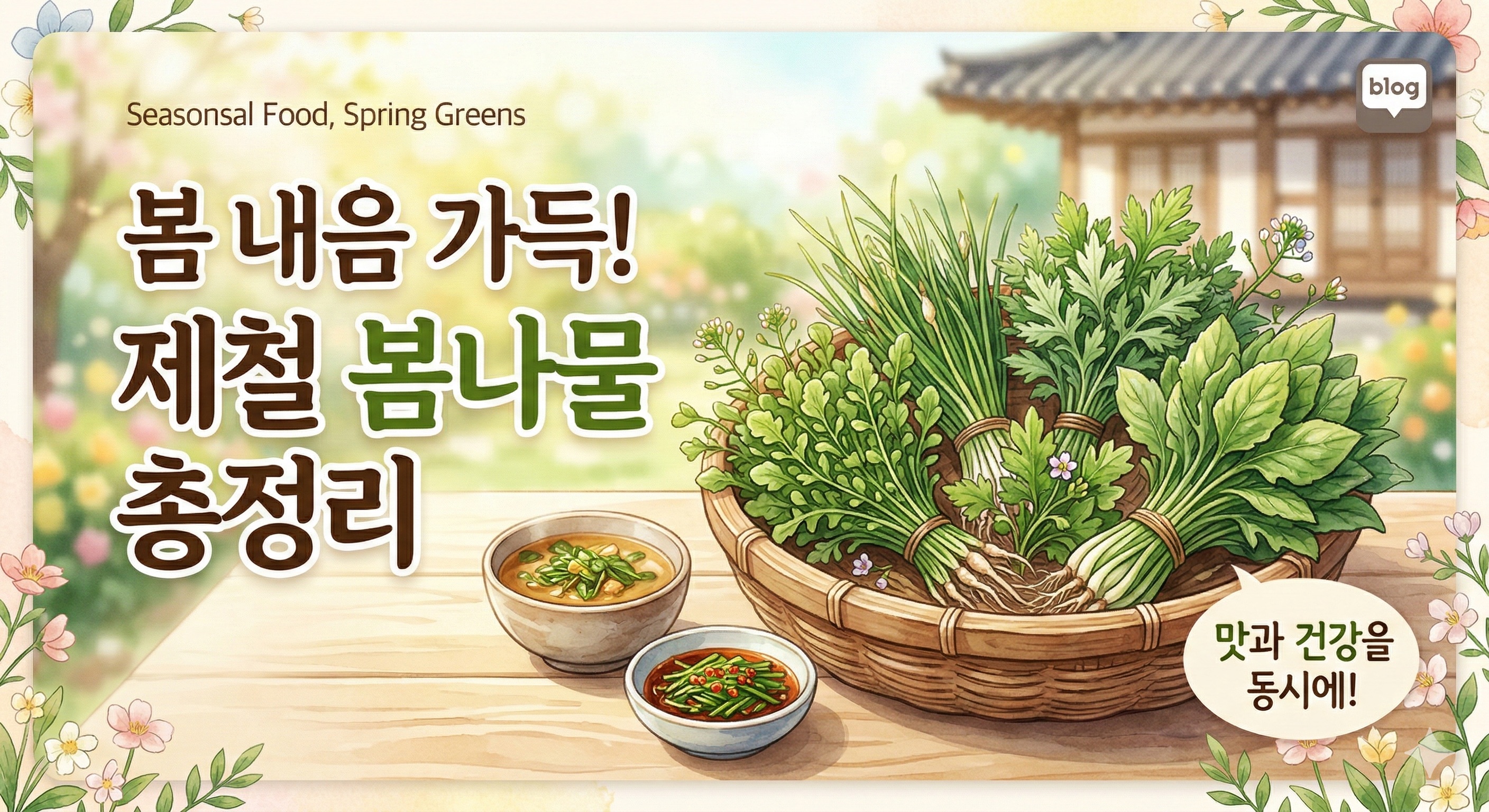 따뜻한 햇살이 비치는 한옥 마당을 배경으로, 나무 테이블 위에 달래, 냉이, 쑥 등 싱싱한 봄나물이 바구니 가득 담겨 있다. 옆에는 보글보글 끓인 봄나물 된장국과 정갈한 밑반찬이 놓여 있어 건강한 제철 음식의 느낌을 주는 일러스트 이미지다.