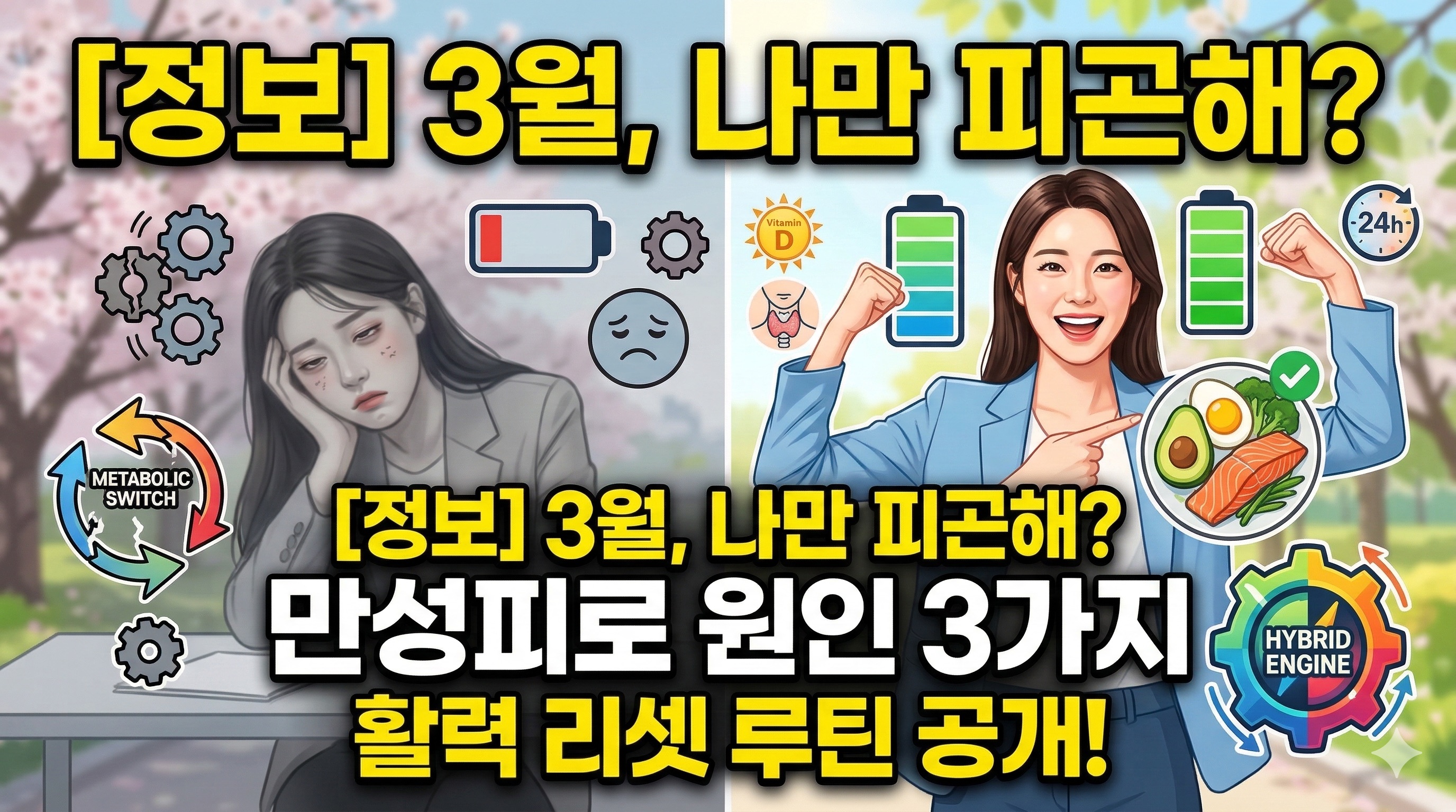 3월 봄철 춘곤증과 구별되는 만성피로 원인 3가지를 분석하고 활력 리셋 루틴을 제안하는 블로그 썸네일 이미지. 피로한 인물과 에너제틱한 인물의 대비, 비타민D, 갑상선, 생체 리듬 아이콘이 포함되어 시각적으로 주제를 전달함.